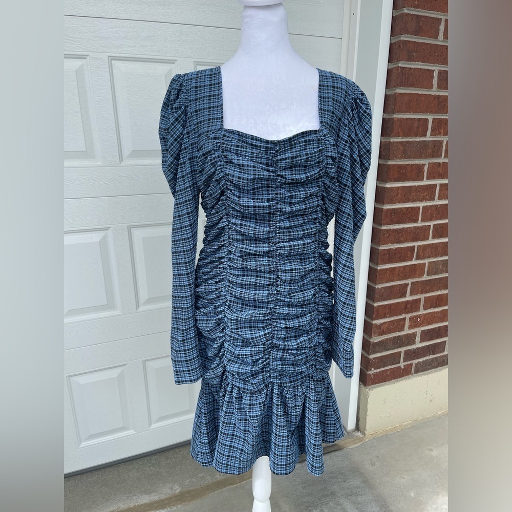 GANNI Ruched checked stretch-seersucker mini dress, Size 42